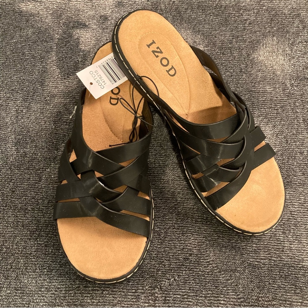 IZOD®️ Women's Size 6.5, Slaight Strappy Fashion Slide Sandal, Black, Brown. NEW